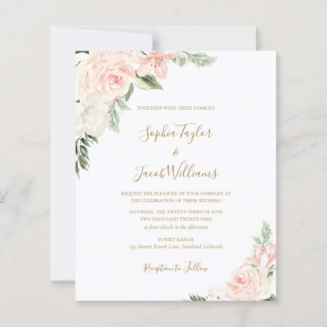 Budget Blush Pink Gold Floral Wedding Invitation (Front)