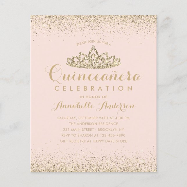 Budget Blush Pink Gold Quinceañera Tiara Invite (Front)