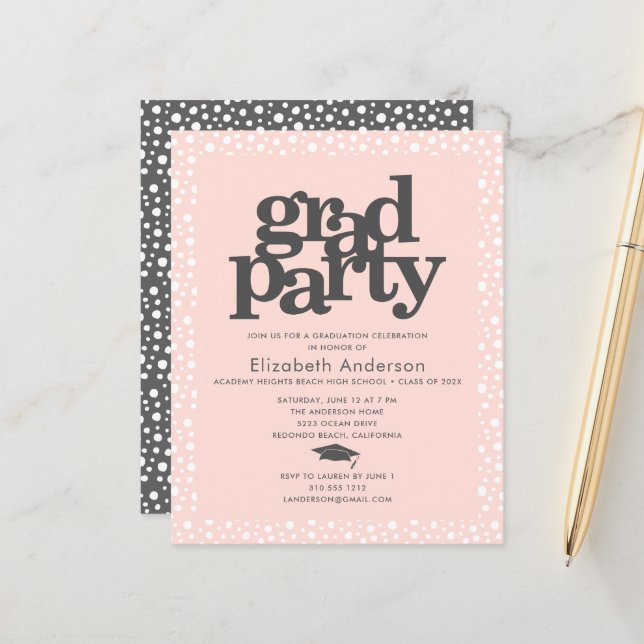 Budget blush pink grad cap bold girly party invite (Front/Back In Situ)