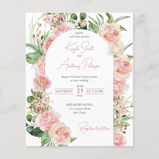 Budget blush pink rose arch floral wedding invite (Front)