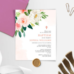 Budget Blush Pink Rose Floral Baptism Invitation