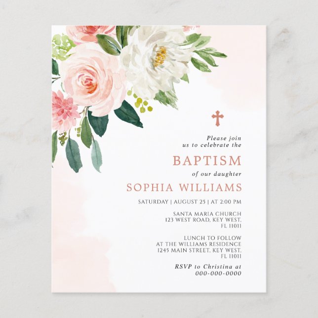 Budget Blush Pink Rose Floral Baptism Invitation (Front)