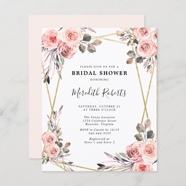 Budget Blush Pink Roses Bridal Shower Invitation (Front/Back)