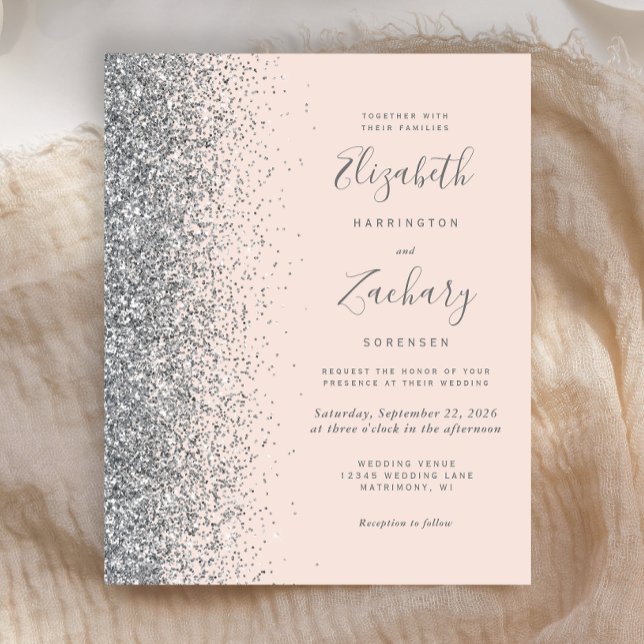 Budget Blush Pink Silver Glitter Wedding Invite (Creator Uploaded)