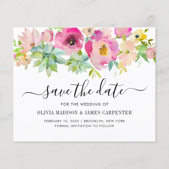 Budget Blush Pink Succulent Floral Save the Date (Front)