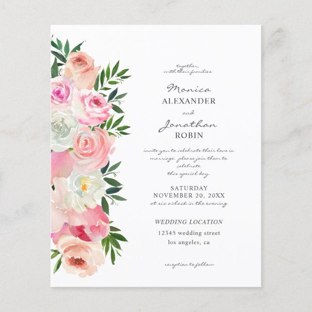 Budget Blush Pink & White Floral Wedding Flyer (Front)