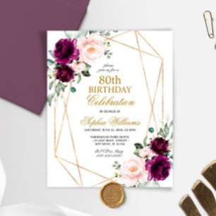 Budget Blush & Purple Rose 80 Birthday Invitation