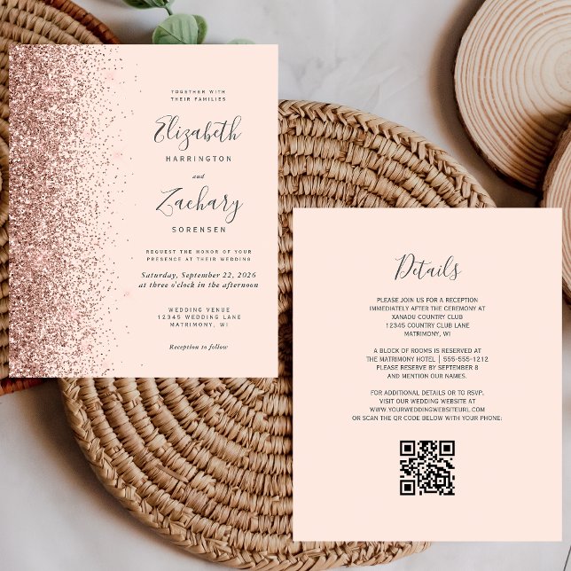 Budget Blush Rose Gold Glitter QR Code Wedding (Creator Uploaded)