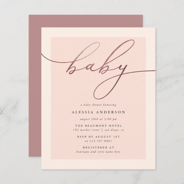 Budget Blush Rose Gold Typography Girl Baby Shower (Front/Back)