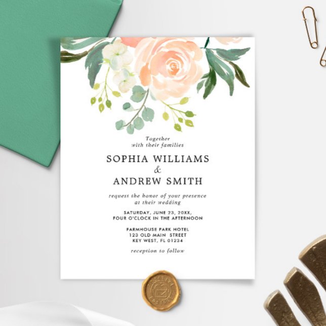 Budget Blush Rose & Greenery Wedding Invitation (Creator Uploaded)