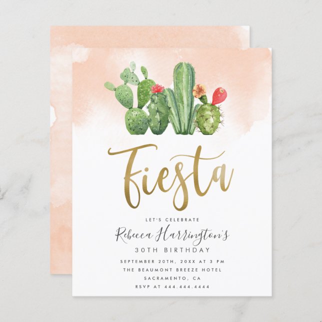 Budget Blush Watercolor & Cactus Fiesta Birthday (Front/Back)