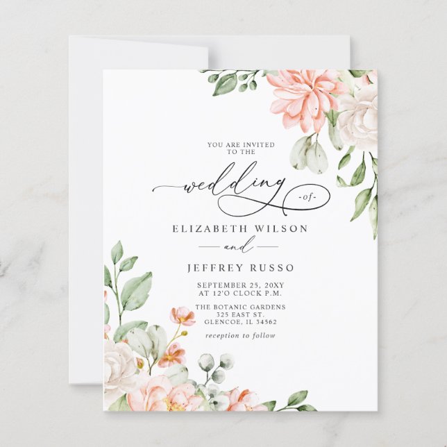 Budget Blush White Floral Wedding Invitations (Front)