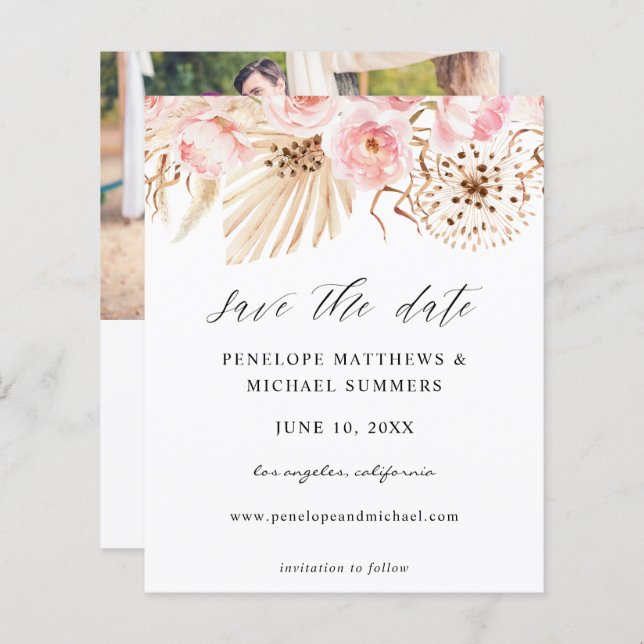 Budget Bohemain Pink Floral Save the Date Photo (Front/Back)