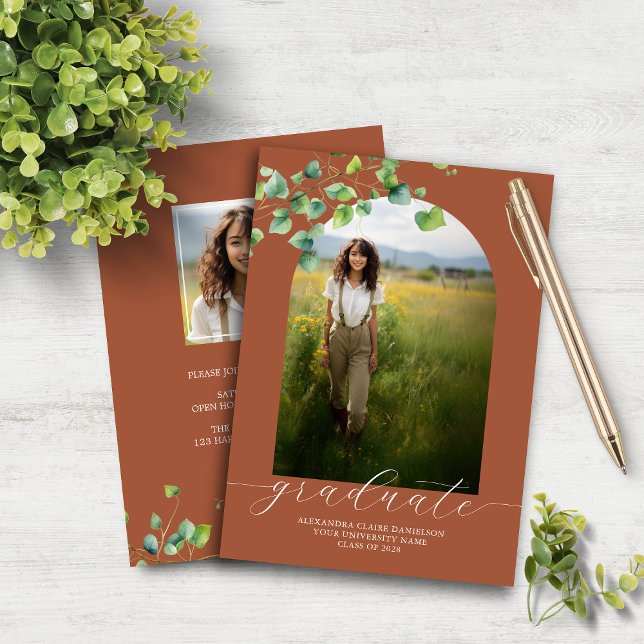 Budget Boho Arch Ivy Terracotta Brown Grad Invite (Creator Uploaded)