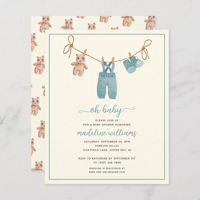 BUDGET BOHO Baby Clothes Boy Oh Baby Shower Invite (Front/Back)
