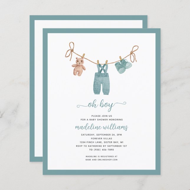 BUDGET BOHO Baby Clothes Oh Boy Baby Shower Invite (Front/Back)