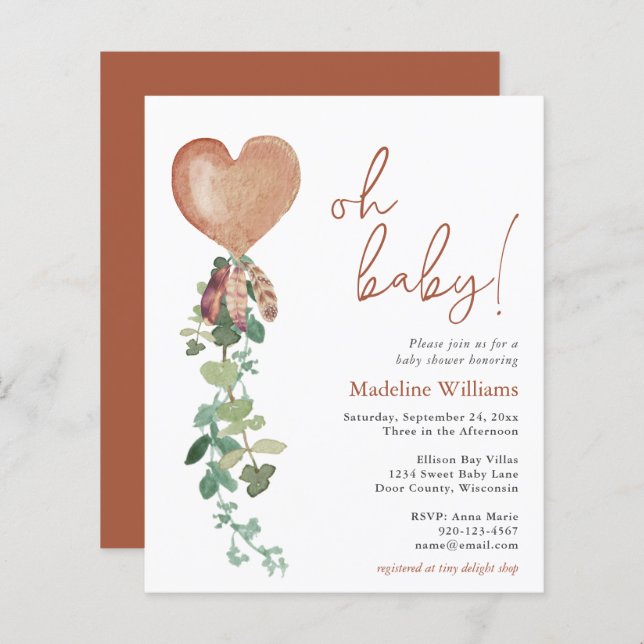 BUDGET Boho Balloon Greenery Baby Shower Invite (Front/Back)