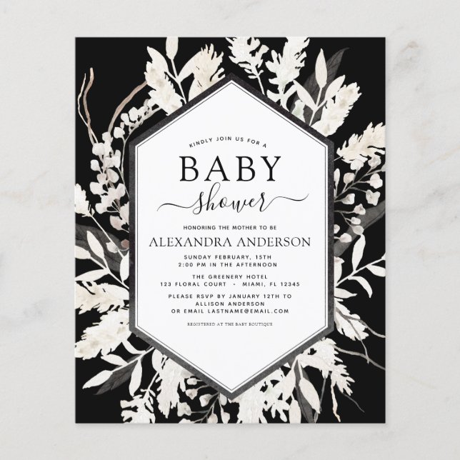 Budget Boho Beige Black Botanical Baby Shower Flyer (Front)