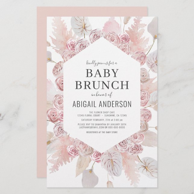 Budget Boho Blush Pink Baby Brunch Invitation (Front/Back)