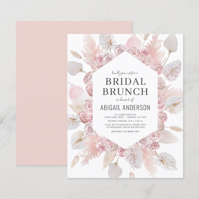 Budget Boho Blush Pink Bridal Brunch Invitation (Front/Back)