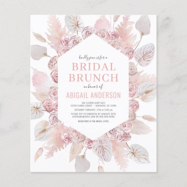 Budget Boho Blush Pink Bridal Brunch Invitation  Flyer (Front)