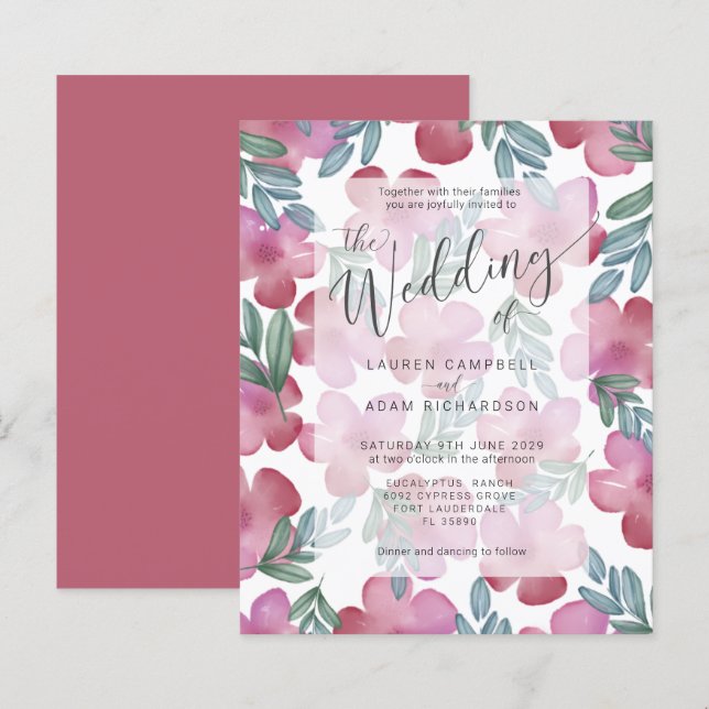 Budget Boho Blush Pink Floral Wedding Invitation (Front/Back)