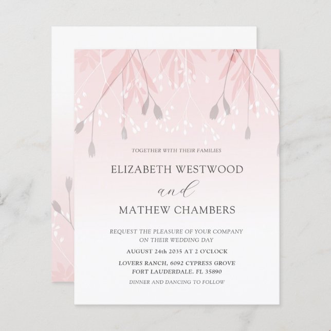 Budget Boho Blush Pink Foliage Wedding Invitation (Front/Back)