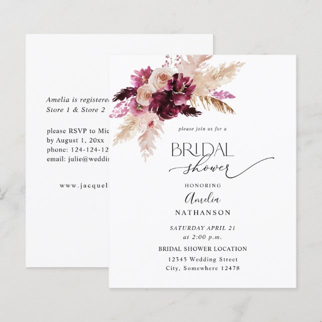 Budget Boho Burgundy & Pink Floral Bridal Shower (Front/Back)