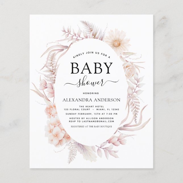 Budget Boho Chic Dusty Pink Desert Baby Shower Flyer (Front)