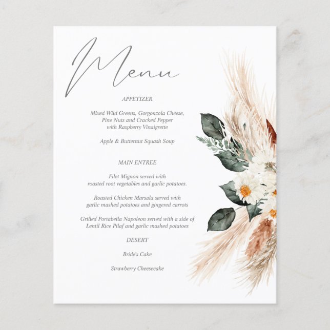 Budget Boho Copper Pampas & Beige Floral Menu (Front)