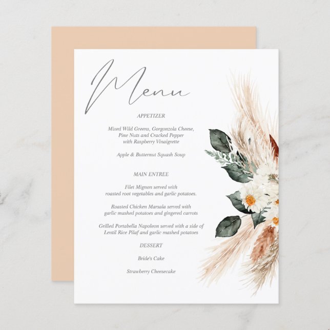 Budget Boho Copper Pampas & Beige Floral Menu (Front/Back)
