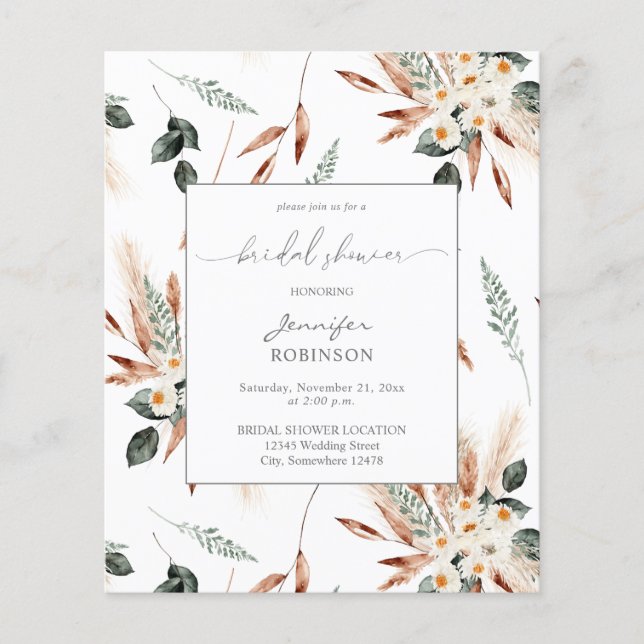 Budget Boho Copper Pampas Bridal Shower Flyer (Front)