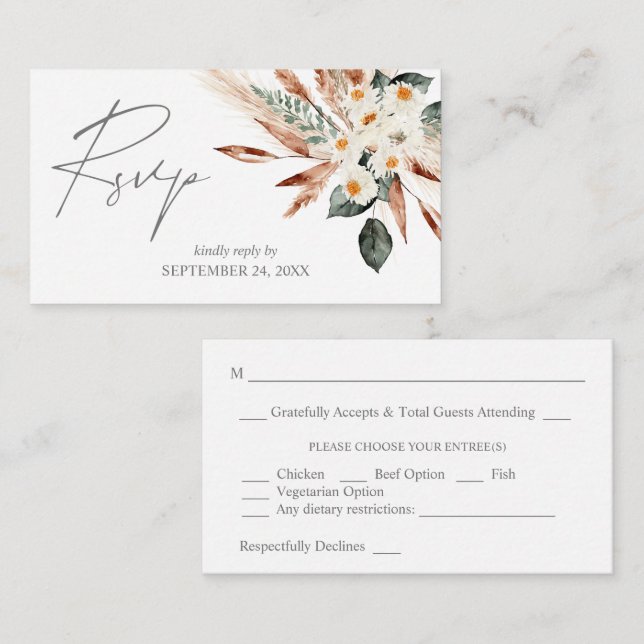 Budget Boho Copper Pampas & Floral 3SM RSVP w Meal Enclosure Card (Front/Back)