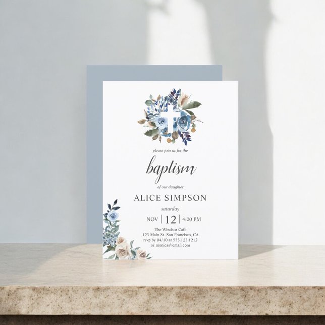 Budget Boho Dusty Blue Beige Flowers Baptism Invitation Postcard (Creator Uploaded)