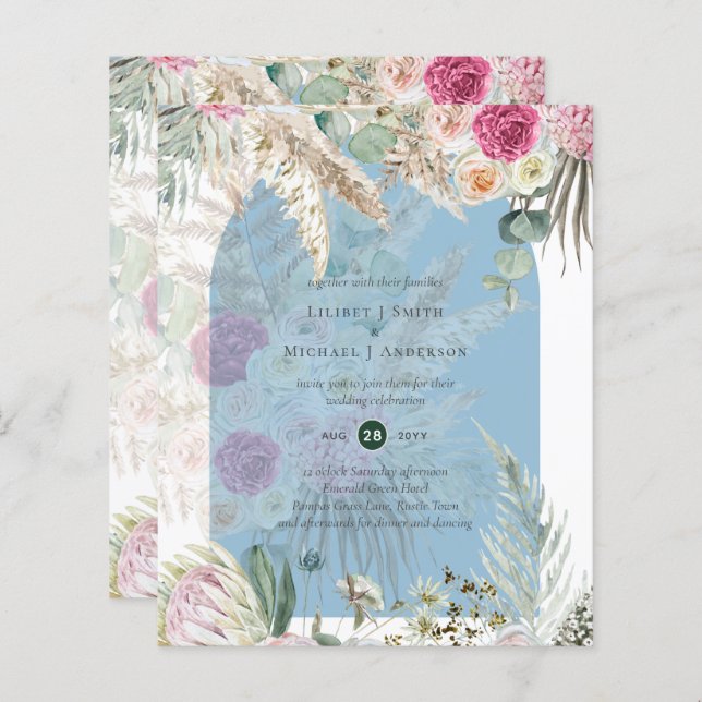 BUDGET BOHO Dusty Blue Floral Pampas Grass Wedding (Front/Back)