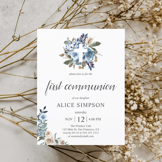 Budget Boho Dusty Blue Flowers First Communion Invitation Postcard (Creator Uploaded)