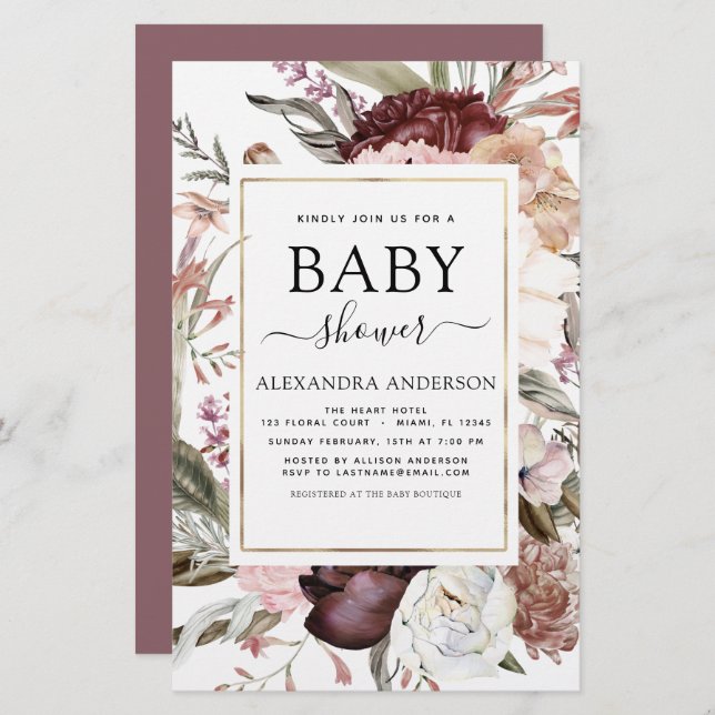 Budget Boho Dusty Pink Burgundy Baby Shower (Front/Back)