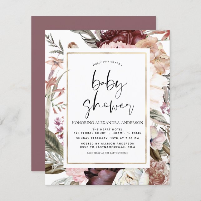 Budget Boho Dusty Pink Burgundy Baby Shower (Front/Back)