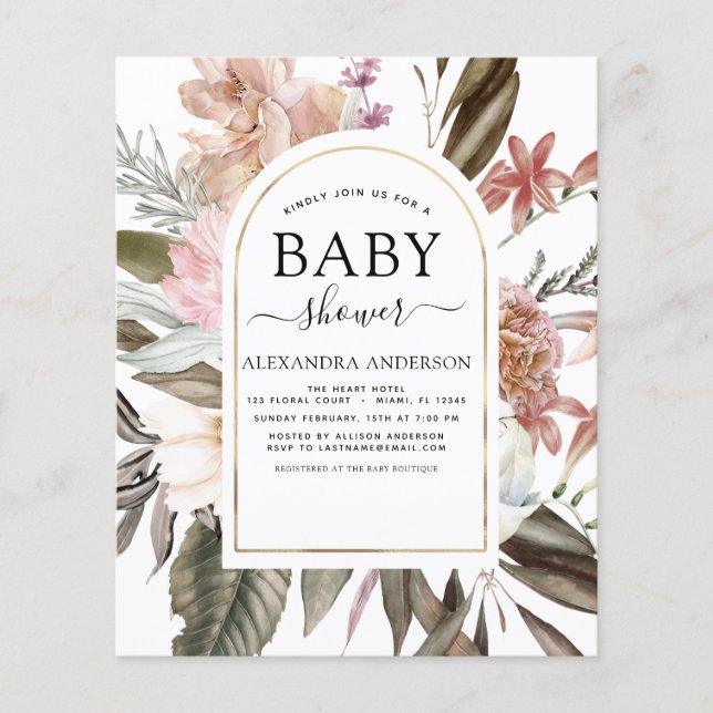 Budget Boho Dusty Pink Burgundy Baby Shower Flyer (Front)