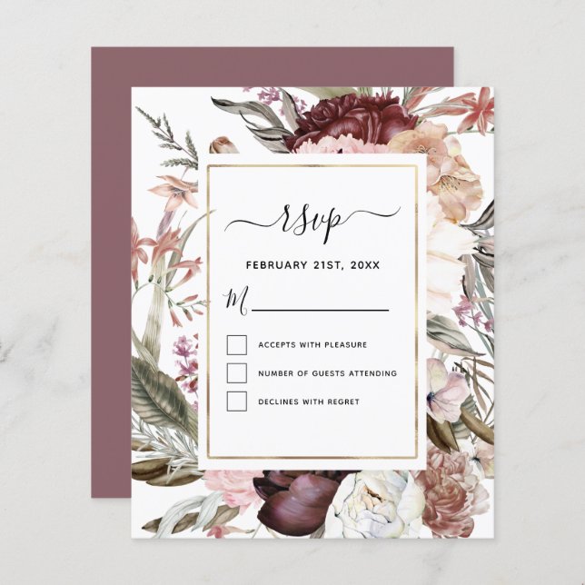 Budget Boho Dusty Pink Burgundy Wedding RSVP (Front/Back)