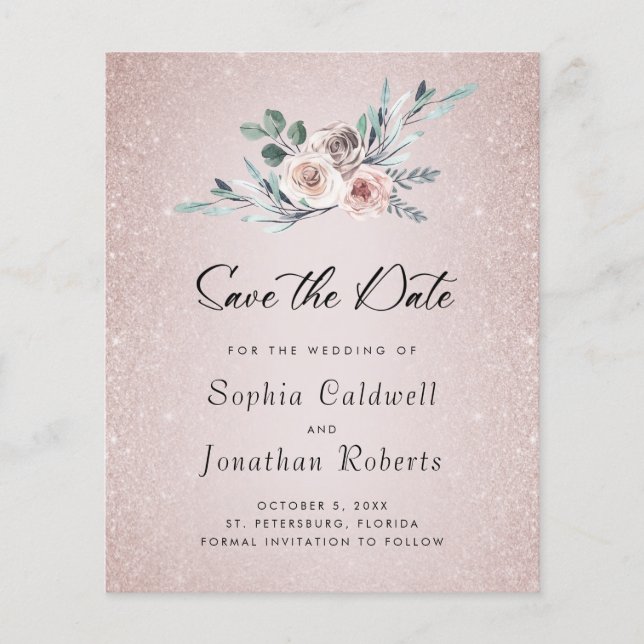 Budget Boho Dusty Pink Roses Wedding Save the Date (Front)