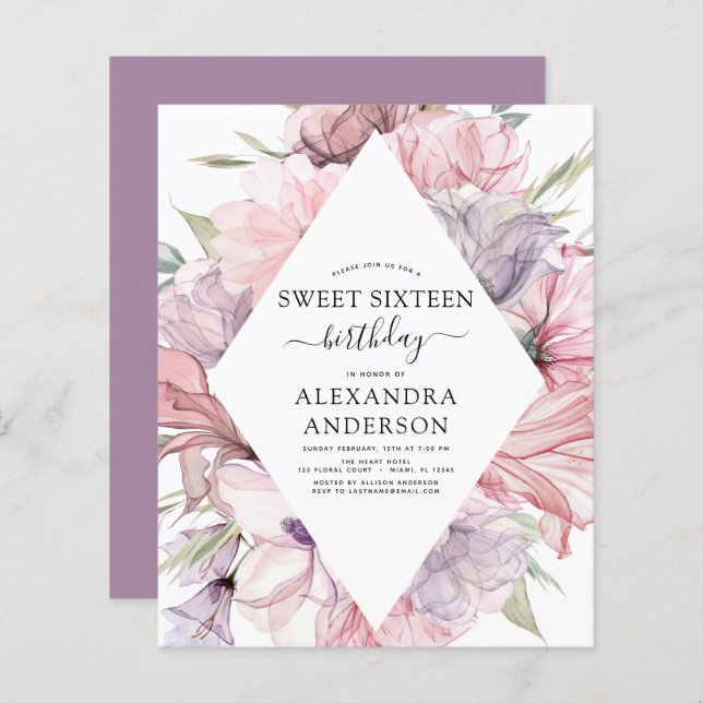 Budget Boho Dusty Purple Sweet 16 Birthday Floral (Front/Back)