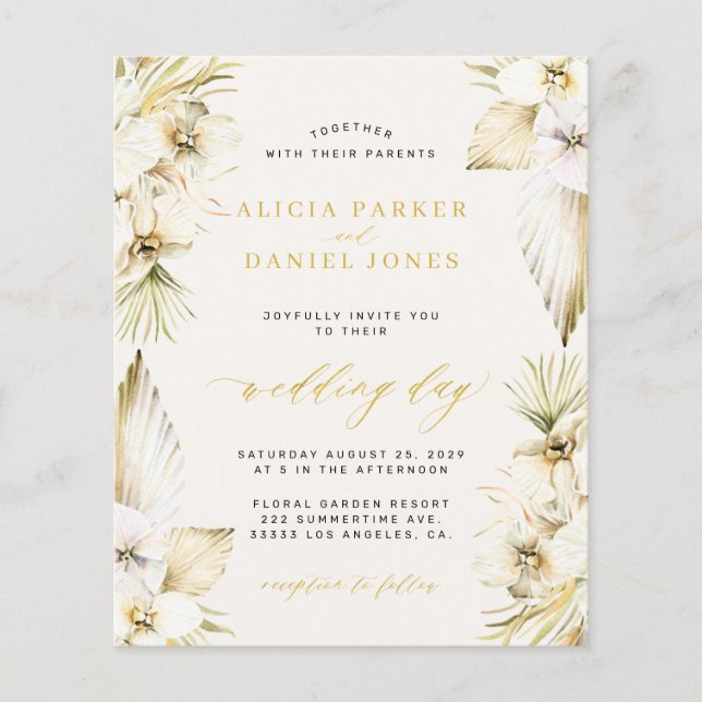 Budget boho elegant white orchid tropical wedding flyer (Front)