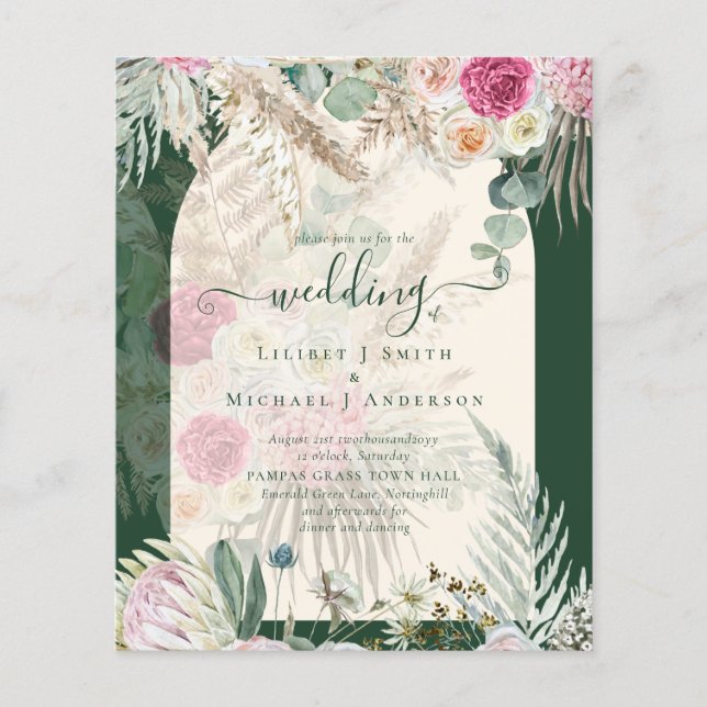 BUDGET BOHO Emerald Green BOHO Floral Pink Wedding Flyer (Front)