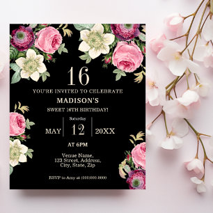 Budget Boho Floral 16th Birthday Invitation