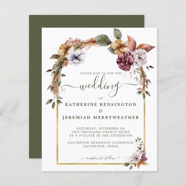 Budget Boho Floral Arch Wedding Invitation (Front/Back)