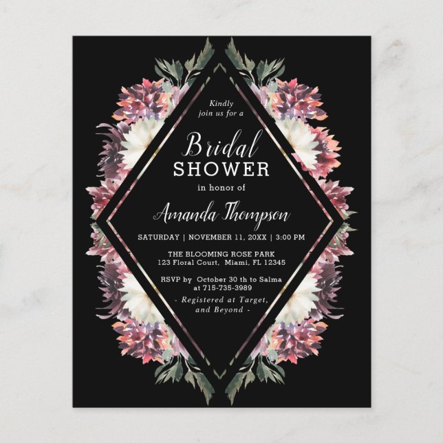  Budget Boho Floral Black Bridal Shower Invitation (Front)