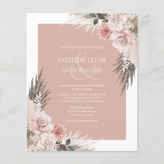 Budget Boho Floral Blush Pink Wedding Invitation (Front)