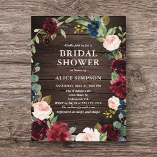 Budget Boho Floral Burgundy Navy Bridal Shower Inv Invitation Postcard