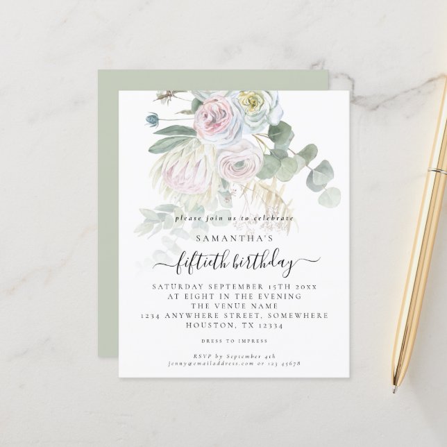 Budget Boho Floral Eucalyptus 50th birthday Invite (Front/Back In Situ)